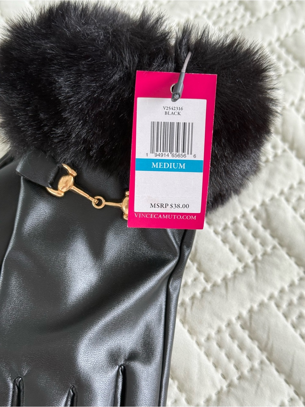Vince Camuto Black Leather Gloves with Faux Fur Cuff and Gold Accent - Picture 4 of 6